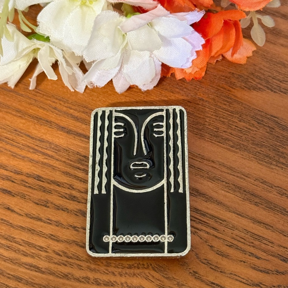 Charles of the Ritz Black & Silver Mask Brooch Pendant Necklace "Pewter"